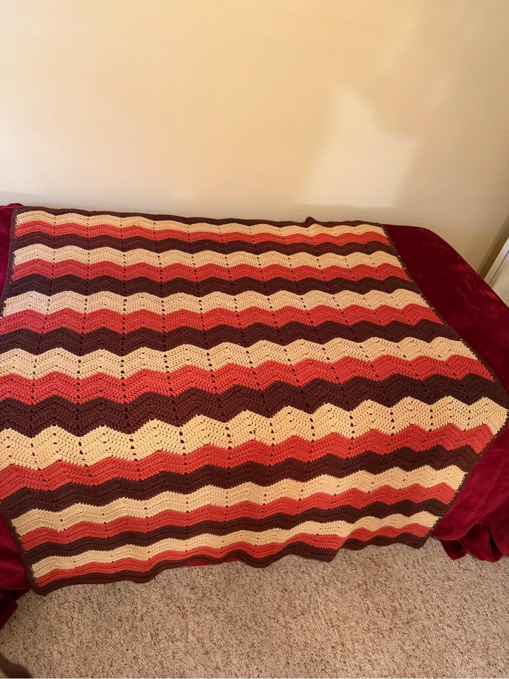 Vintage Handmade Crochet Chevron Ripple Blanket 1970’s